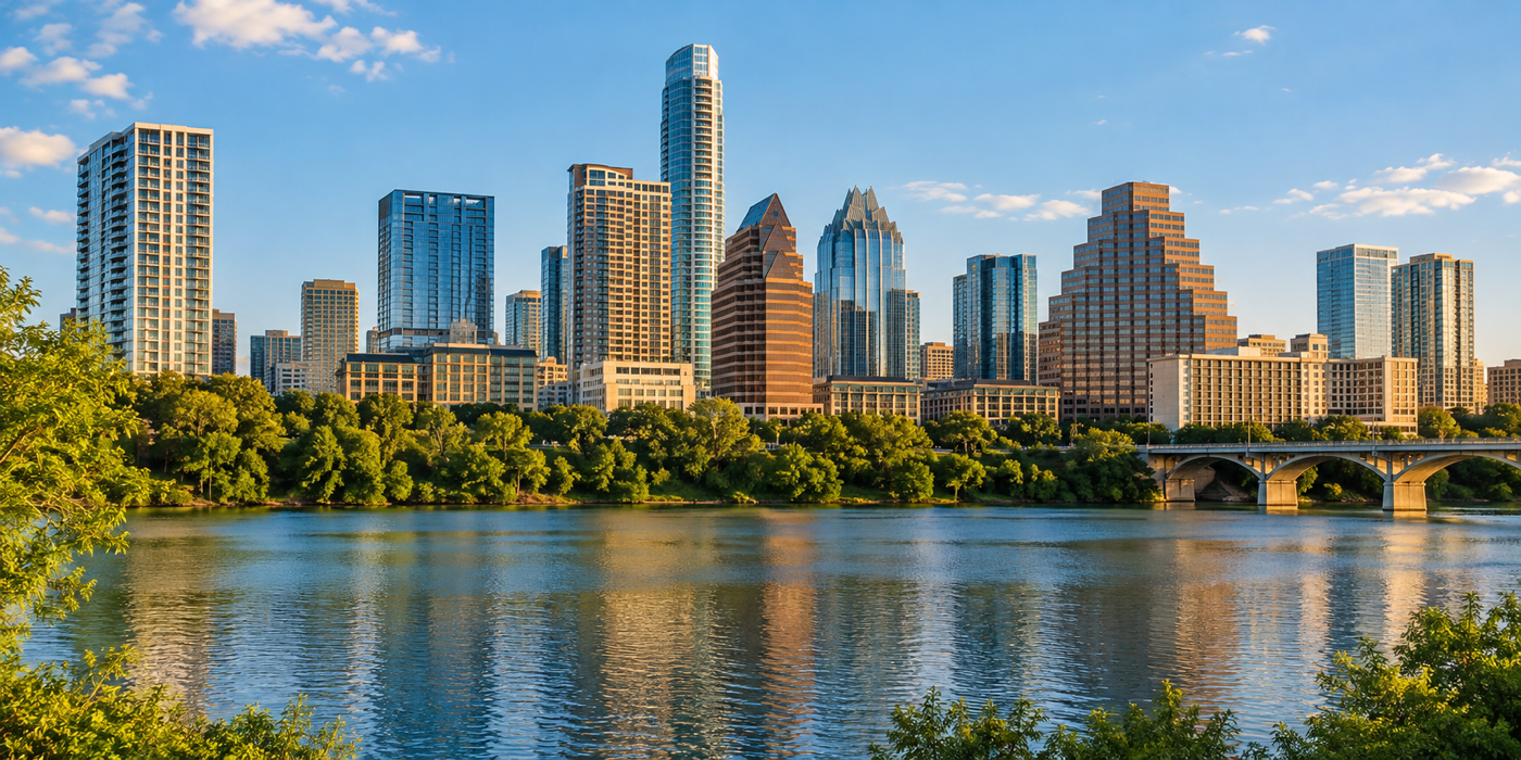 Central Texas city skyline across the water