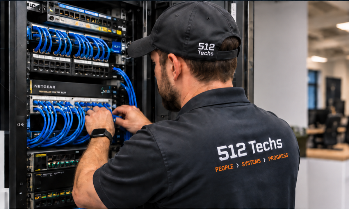 Technician working at an organized commercial network rack