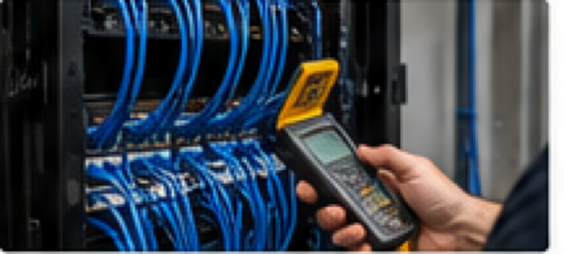 Technician testing organized network cabling
